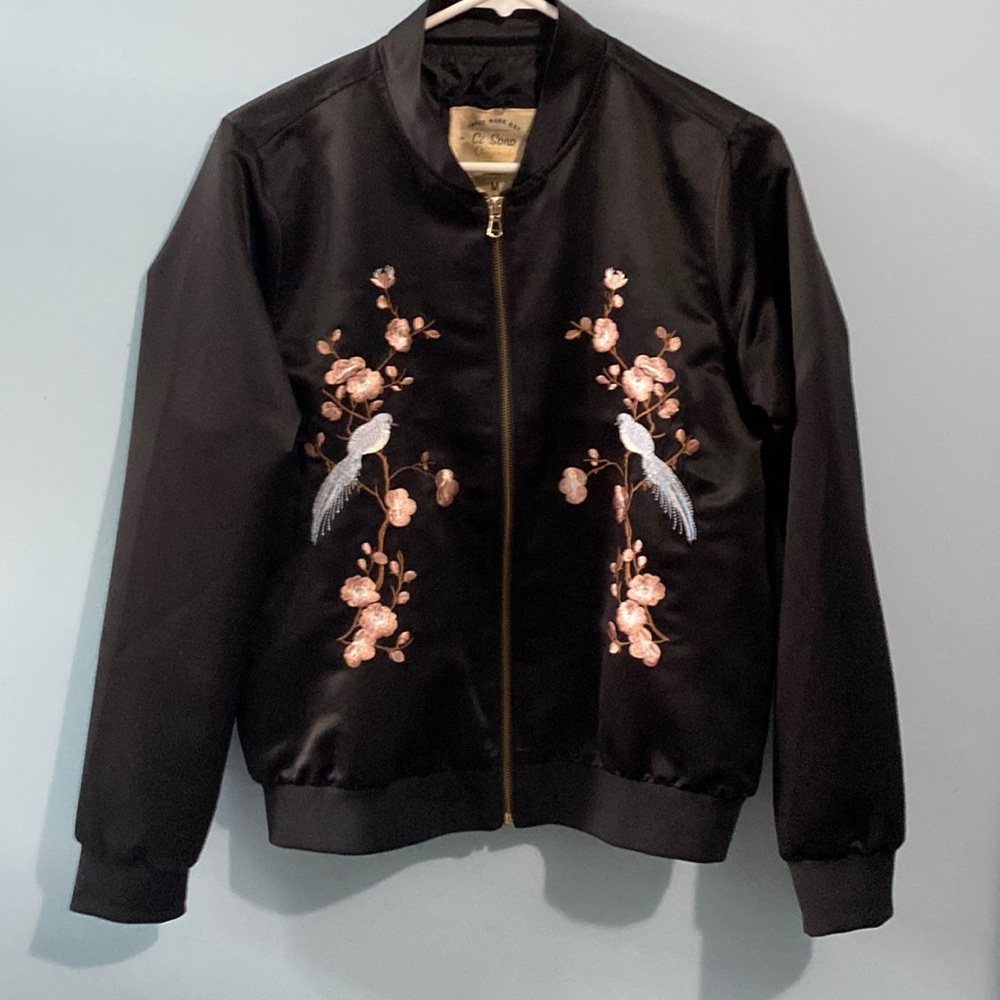 Satiny Soft Bomber Jacket Bird & Flower Embroidery by Ci Sono Originals M EUC
